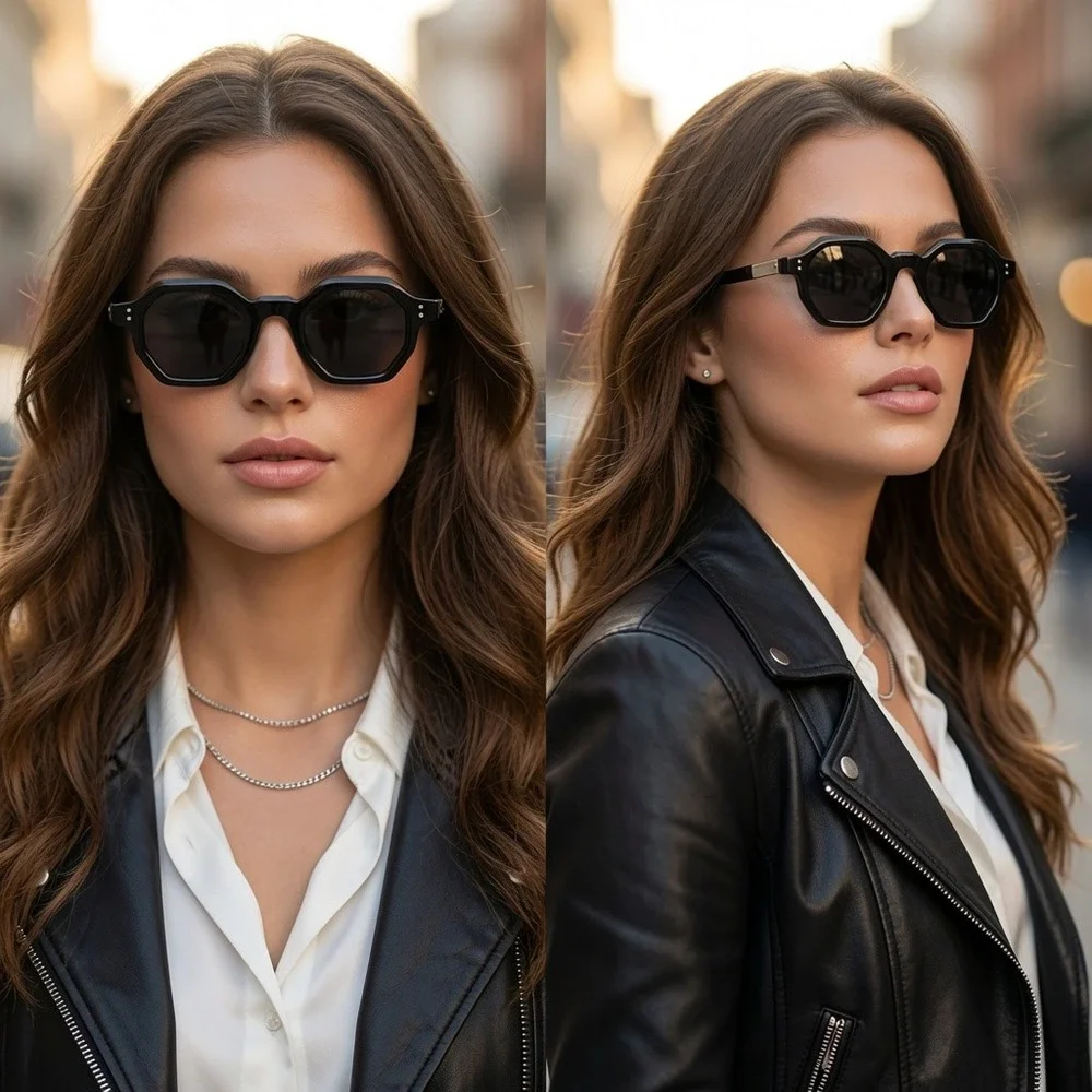 Women Stylish‎ Black Polygon Glasses Highlight Bold Contemporary Look Sunglasses
